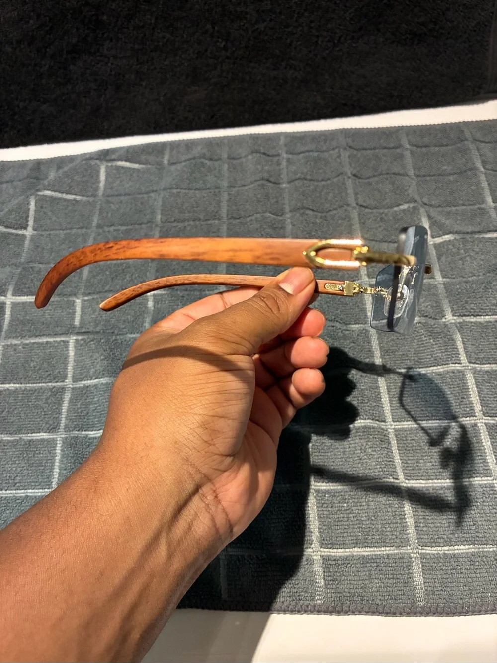Rimless Blue Lens Sunglasses with Wood Arms and Gold Bridge